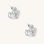 Small gold-plated brass hoop earrings with geometric lattice pattern and zirconia accents on white background.